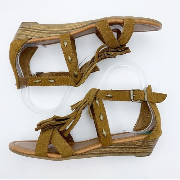 Minnetonka Merriam Suede Fringe Sandals Tan Wedge Sz 8 - Picture 6 of 13